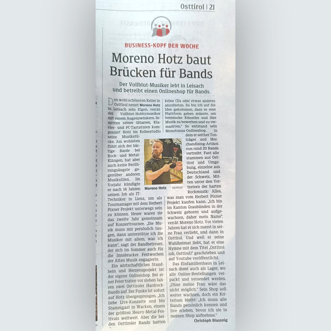 Moreno Hotz baut Brücken für Bands - Zeitungsbericht Kleine Zeitung vom 03.09.2025